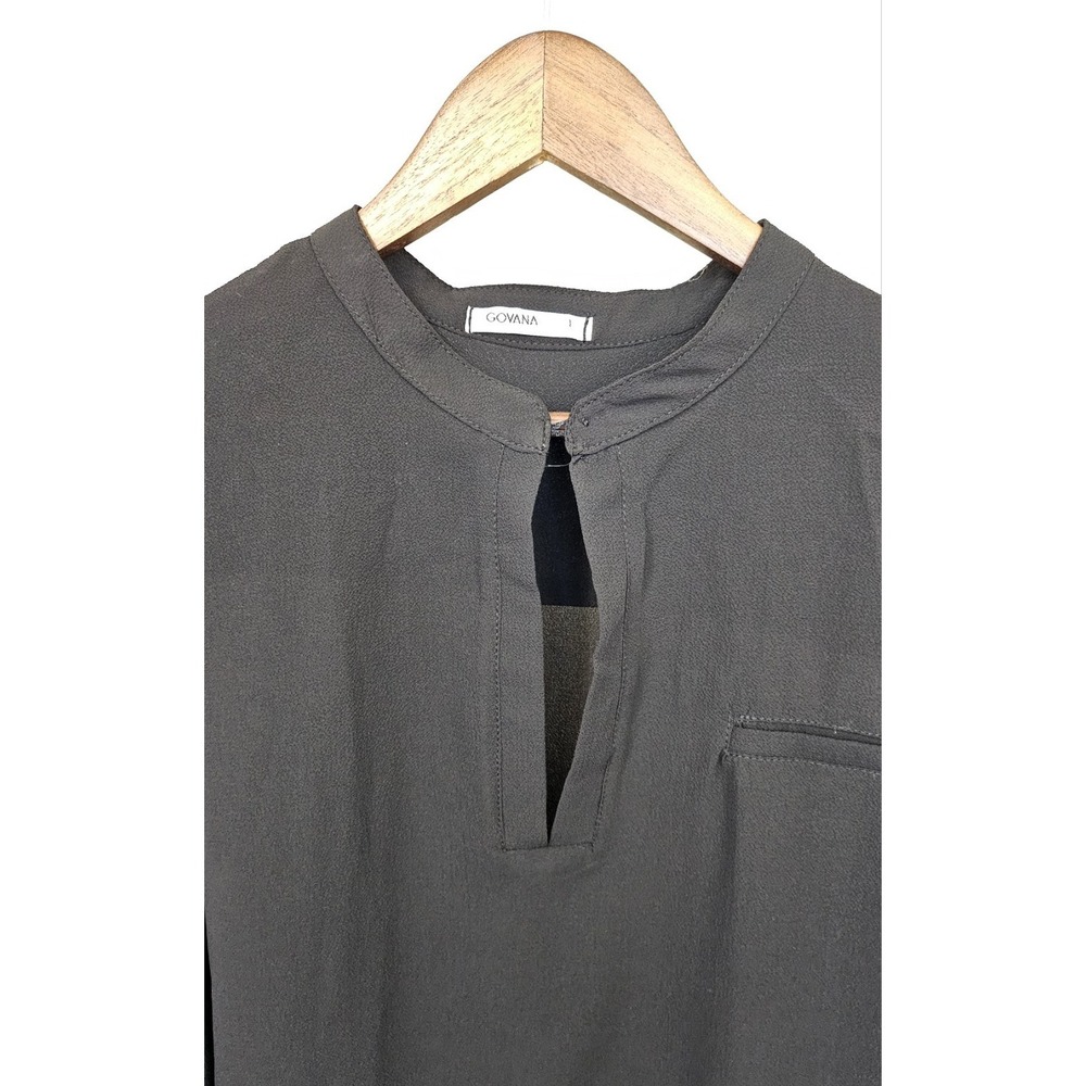 Women's Sheer Long Sleeve Blouse Govana Black Button Neck Front Pocket - Picture 3 of 11